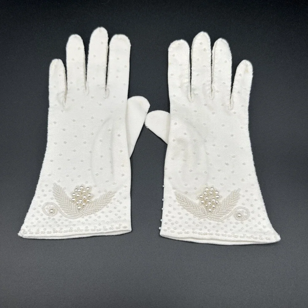 Vtg Womens Cotton Gloves Beaded Wrist Length  Sz 7 White Faux Pearl Embellished